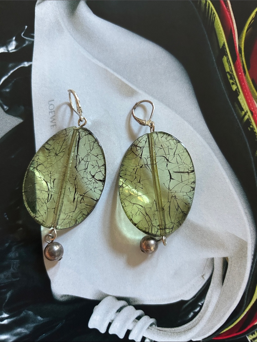 Vintage Green Crackle Oval Drop Earrings with Silver Bead
